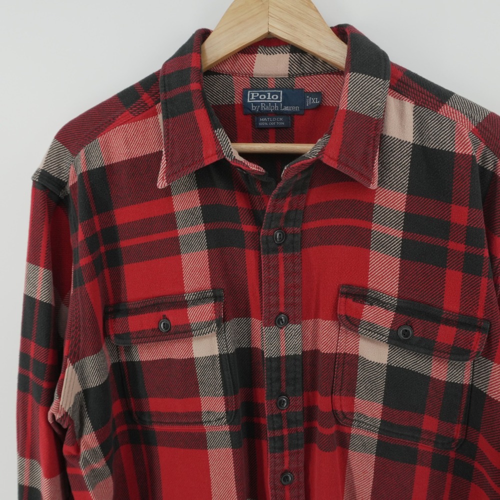 VT Polo Ralph Lauren Matlock Flannel Shirt Men XL Red Black Plaid Cotton Button